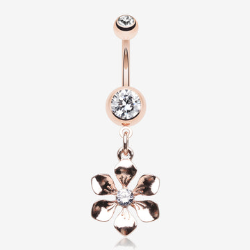 Rose Gold Spring Wild Flower Belly Button Ring-Clear Gem
